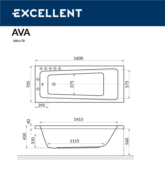 Фото акриловая ванна excellent ava 160x70 см waex.ava16wh