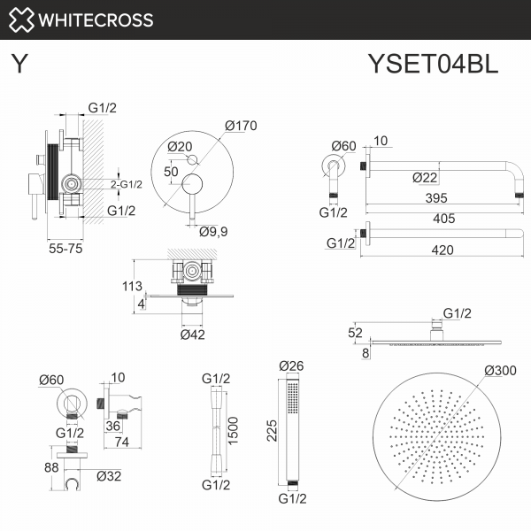 Фото душевой набор со встроенным смесителем и верхним душем whitecross y yset04bl, цвет: черный