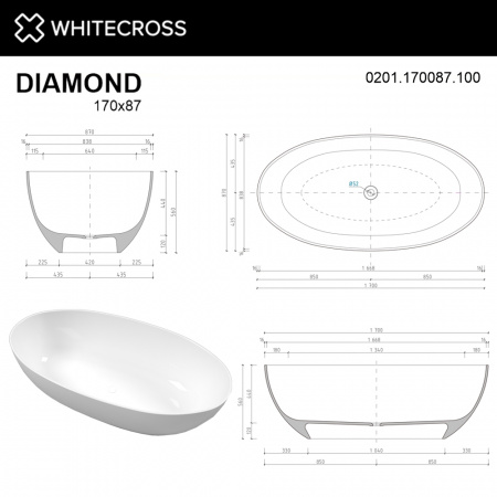 Фото ванна из искусственного камня whitecross diamond 170x87 см 0201.170087.100