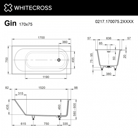 Фото ванна из искусственного камня whitecross gin 170x75 см 0217.170075.2xxxx