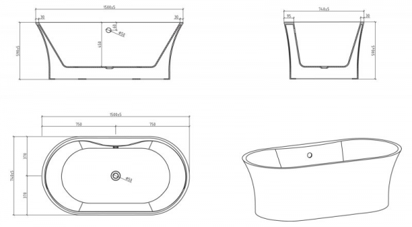 Фото акриловая ванна belbagno bb201-1500-800 150x80 см