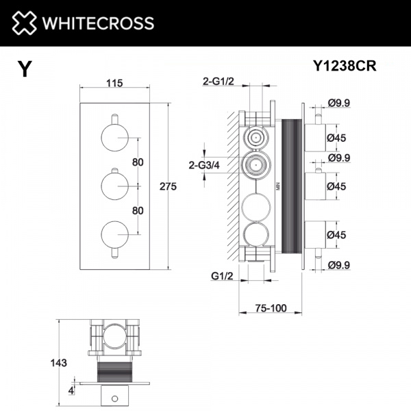 Фото встраиваемый термостатический смеситель для душа whitecross y y1238cr, цвет: хром