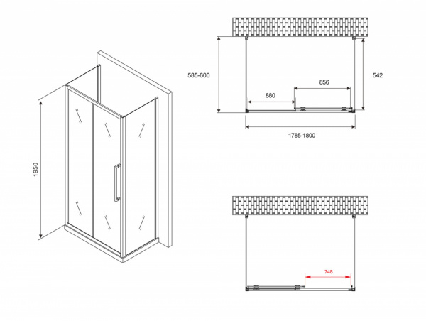 Фото душевое ограждение abber schwarzer diamant ag30180bh-s60b-s60b 180x60 см