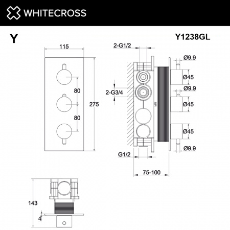 Фото встраиваемый термостатический смеситель для душа whitecross y y1238gl, цвет: золото