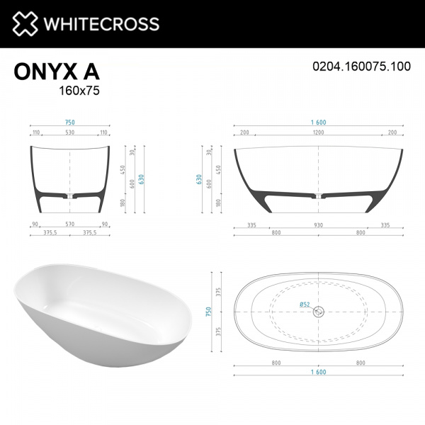 Фото ванна из искусственного камня whitecross onyx a 160x75 см 0204.160075.100