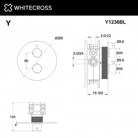 Фото встраиваемый термостатический смеситель для душа whitecross y y1236bl, цвет: черный