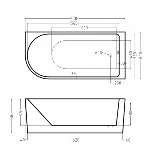 Фото акриловая ванна esbano afina 170x80 см esvaafinl left