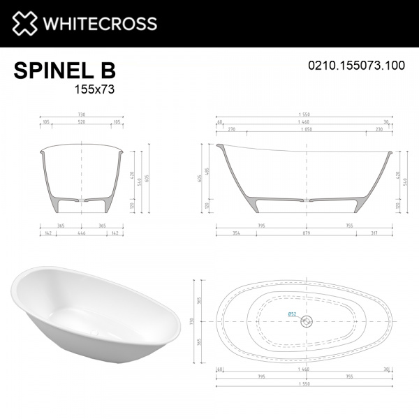 Фото ванна из искусственного камня whitecross spinel b 155x73 см 0210.155073.100