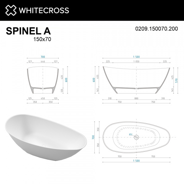 Фото ванна из искусственного камня whitecross spinel a 150x70 см 0209.150070.200