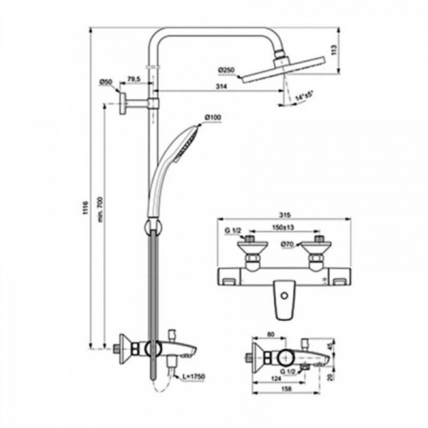Фото душевая стойка ideal standard ceratherm t25 a7629aa, термостатическая, цвет хром