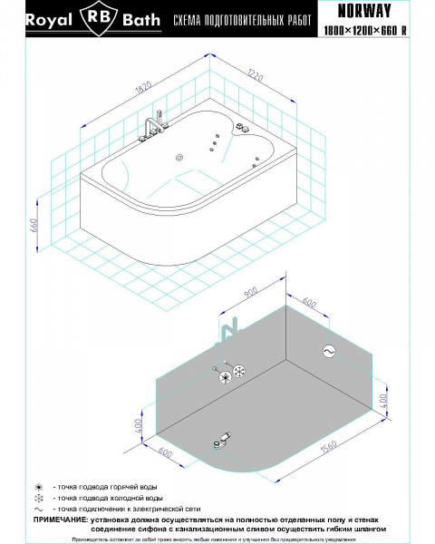 Фото акриловая ванна royal bath norway comfort rb331100cm-r 180x120 см