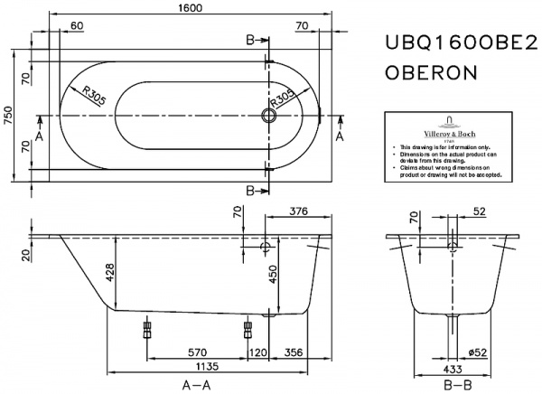 Фото акриловая ванна villeroy & boch oberon 160x75 см ubq160obe2v-01