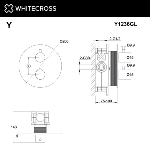 Фото встраиваемый термостатический смеситель для душа whitecross y y1236gl, цвет: золото