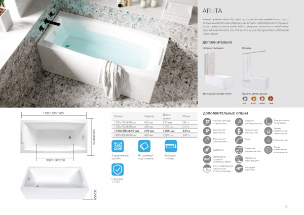 Фото акриловая ванна 1marka aelita 150x75 см 58116