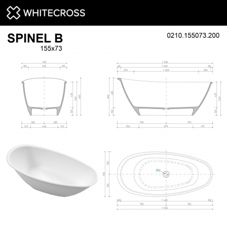 Фото ванна из искусственного камня whitecross spinel b 155x73 см 0210.155073.200