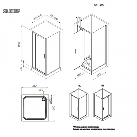 Фото душевое ограждение am.pm gem 90x90 см w90g-404-9090-bt