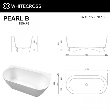 Фото ванна из искусственного камня whitecross pearl b 155x78 см 0215.155078.100
